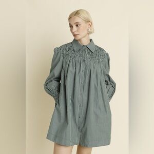 AUREUM Green and White Striped Smocked Yoke Button-Up Shirt Dress